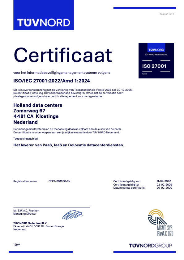 ISO 27001 certificaat Holland Datacenters