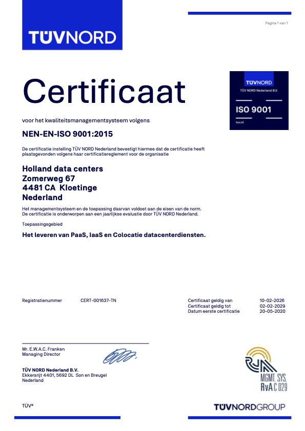 ISO 9001 certificaat Holland Datacenters